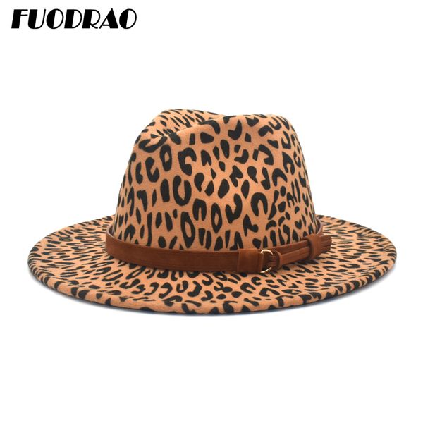 

fuodrao new leopard print fedora wool hat ladies wide brim jazz hat men retro panama f84, Blue;gray