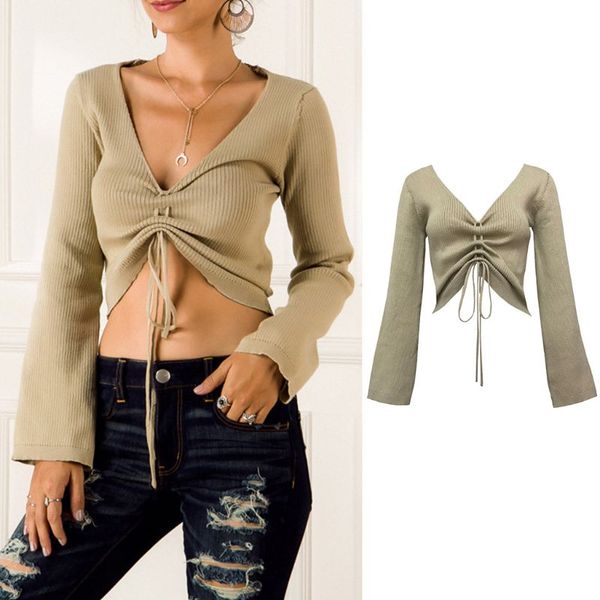 

women autumn long sleeve sweater v-neck ruched drawstring crop solid color ribbed knitted pullover jumper shirt, White;black