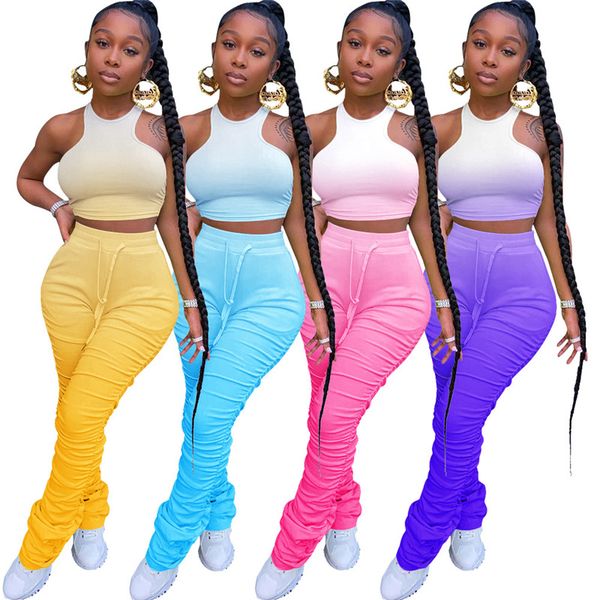

summer womens designer sports style suits vest stacked leggings pants women two piece summer outfits pants set, White