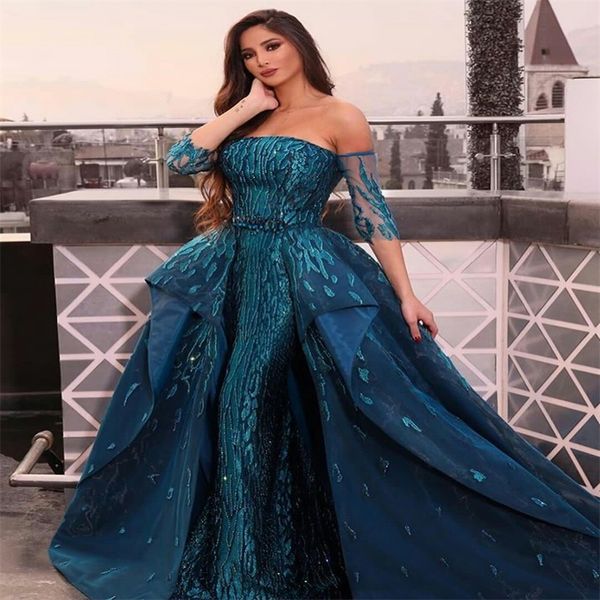 

dark navy gorgeous evening dresses with detachable train bateau mermaid party gowns appliqued beaded custom made prom dress robes de soirÃ©e, Black