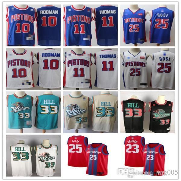 

mens detroit pistons 33 grant hill 11 isiah thomas 10 dennis rodman 25 derrick rose basketball jerseys, Black;red