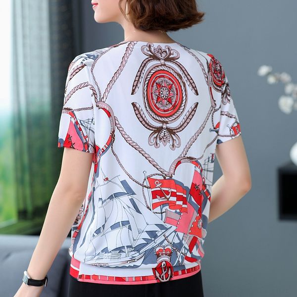 

5ho6h 2020 летней новой короткие рукава печатной футболка женщины мод случайного свободный короткий шелк лед свитер темперамент топ футболка, White