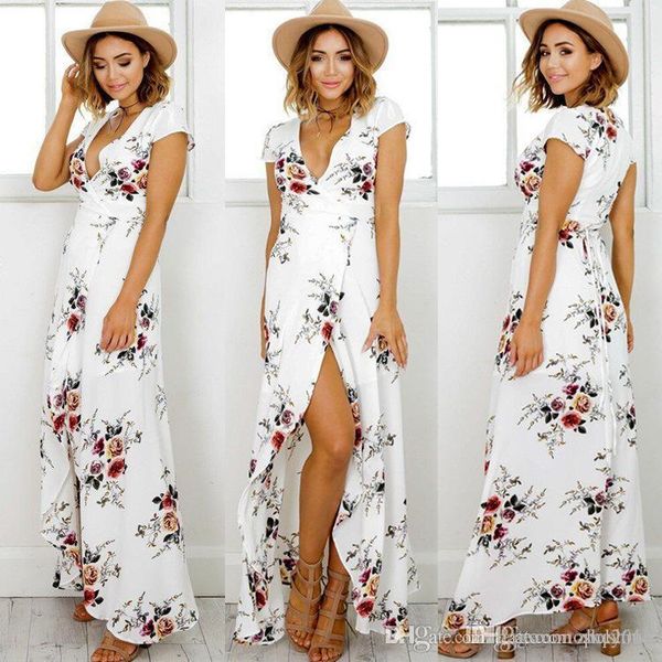 

женщины платья типа богема способа лета v-образным вырезом с коротким рукавом леди кружева белый цветок печати сплит длинные юбки пляжное пл, Black;gray