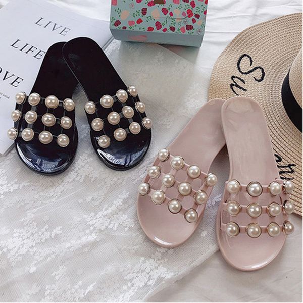 

woman slippers women beach shoes 2020 summer female fashion pearl women's comfortable outdoor flats ladies slides plus size, Black