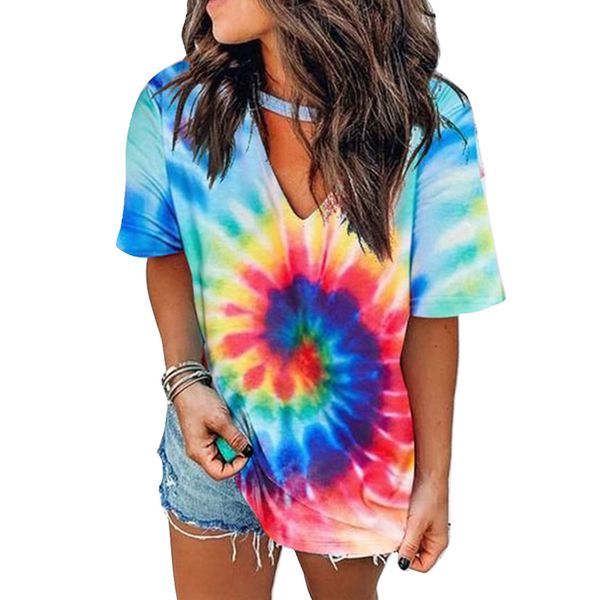 

корабль в 24 hourst футболка tie dye топы tee лета женщин с коротким рукавом harajuku camiseta mujer футболочку femme streetwear v-образным, Black;blue