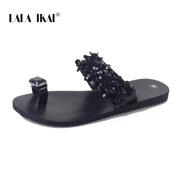 

lala ikai rhinestone women slippers summer outdoor crystal bling beach ladies slides fashion flat shoes cs01, Black
