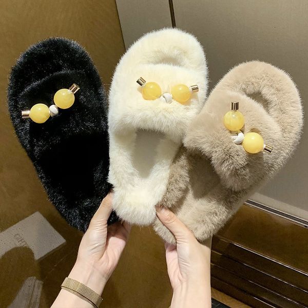 

shoes women ladies' slippers flock fur flip flops loafers pantofle luxury slides soft plush flat summer 2020 designer rome, Black