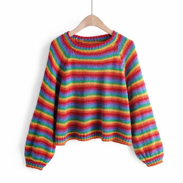 

women's sweaters artguy women long sleeve colorful striped rainbow sweater cropped jumper knitwear girl knitted pullovers crop top, White;black