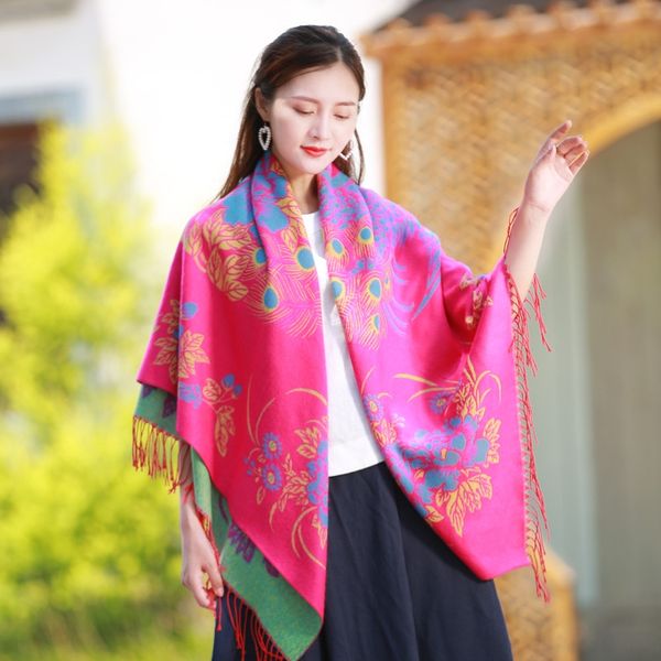 

7xezu yunnan lijiang ethnic style air conditioning dual-purpose thickened air conditioning shawl women's scarf women's big peacock, Blue;gray