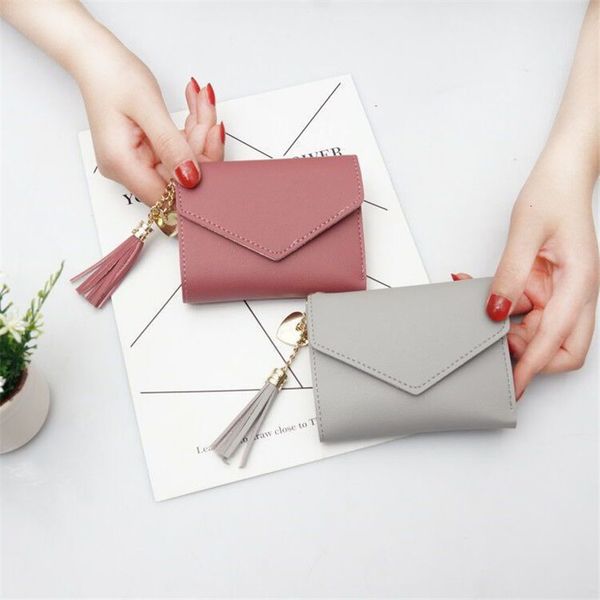 

wallet female student short tassel waterproof wallet card package mini multi-function folding wallet clip, Red;black