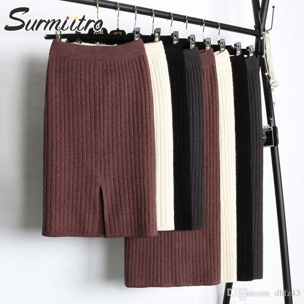 

hj wool knitted pencil skirt women 2019 autumn winter thick korean split midi long office high waist skirt female, Black
