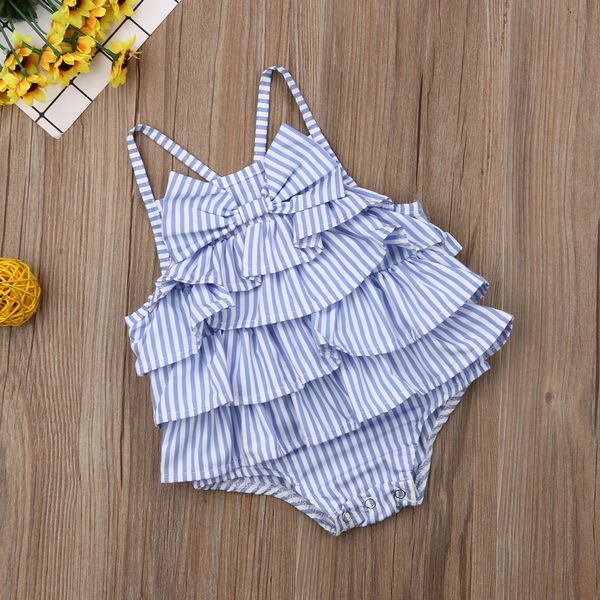 

new product 2019 summer baby girls striped bow sleeveless ruffle bodysuit outfits, Blue