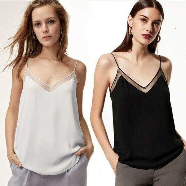 

2020 summer womens v neck camisole lace trim chiffon sheer vest sleeveless tank slim loose young ladies vest slim, White