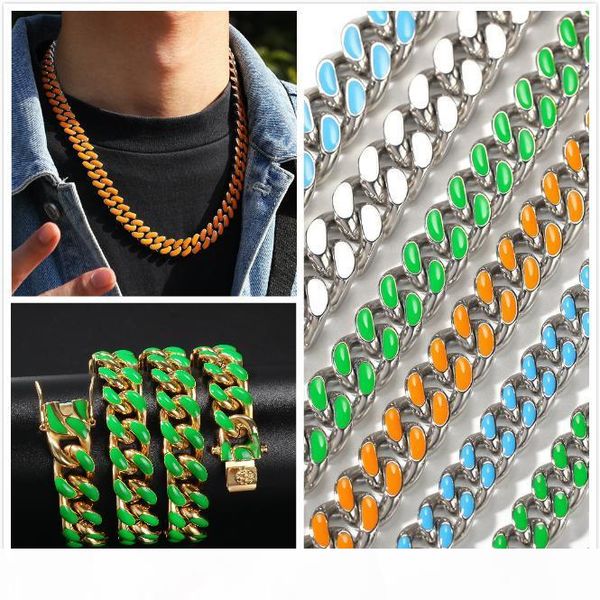 

new 12mm 8 colors new fashion gold colorful enamel cuban link chain mens personalized choker necklace hip hop rapper jewelry gifts for men, Silver