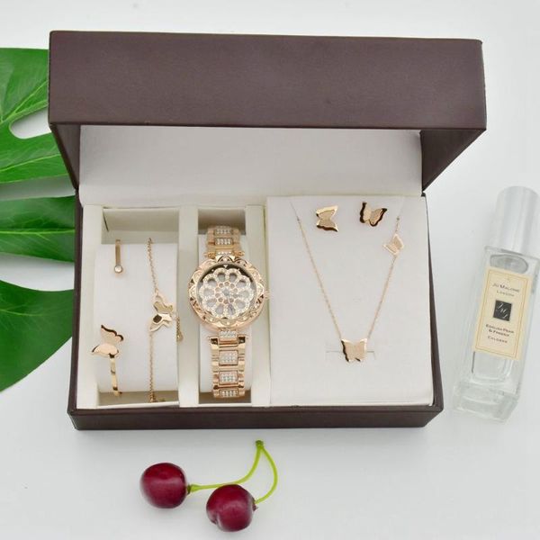 

women 360 degree rotation watches luxury rose gold steel titanium necklace earrings bracelet anklet set girls exquisite present, Slivery;brown