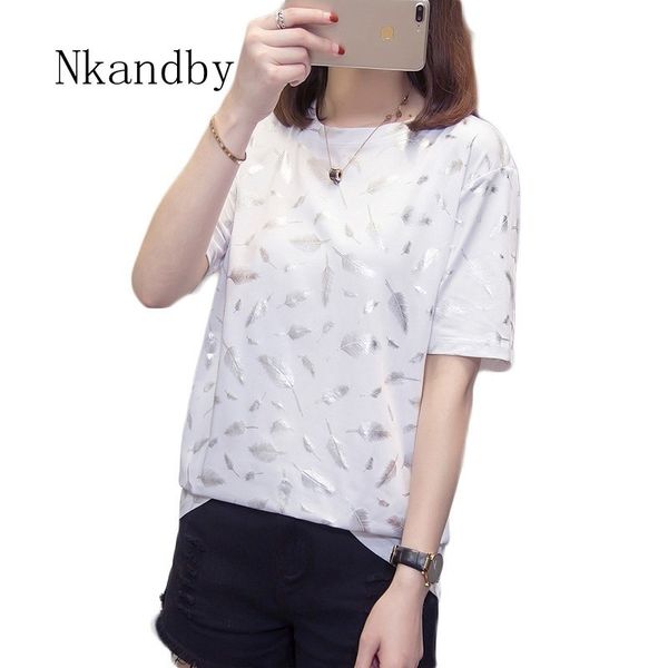 

plus size feather print ladies tshirt summer casual loose short sleeve funny t shirts women vogue ulzzang oversize t-shirt, White