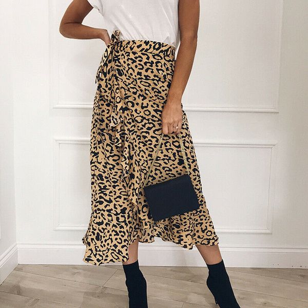 

fashion women maxi skirt vintage leopard animal print long skirt elegant high waist ruffle bandage split wrap skirts 2020, Black