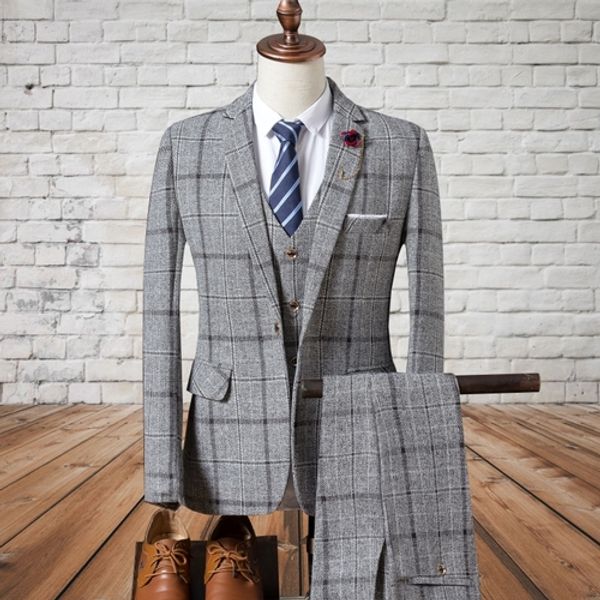 

2020 navy blue plaid suit mens fall winter custom made slim fit casual suits business men 3 piece set (jacket+vest+pants, White;black