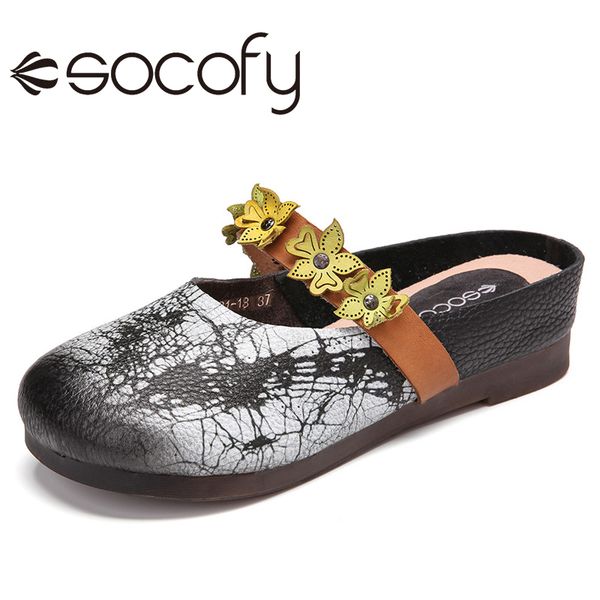 

socofy womens vintage style slippers soft leather loafers floral strap mules flat shoes casual outdoor slip on shoes 2020, Black