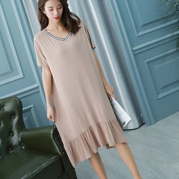 

biuc0 korean style bamboo fiber large size dress v-neck flounder nightdress long skirt pajamas home pajamas long-length outdoor short-sleeve, Blue;red