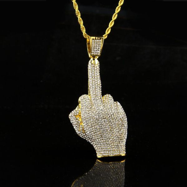 

2019 средний палец diamond necklace street ветер heavy drill полный алмазный сплав большой палец кулон вертикальный средний палец hip hop ож, Silver