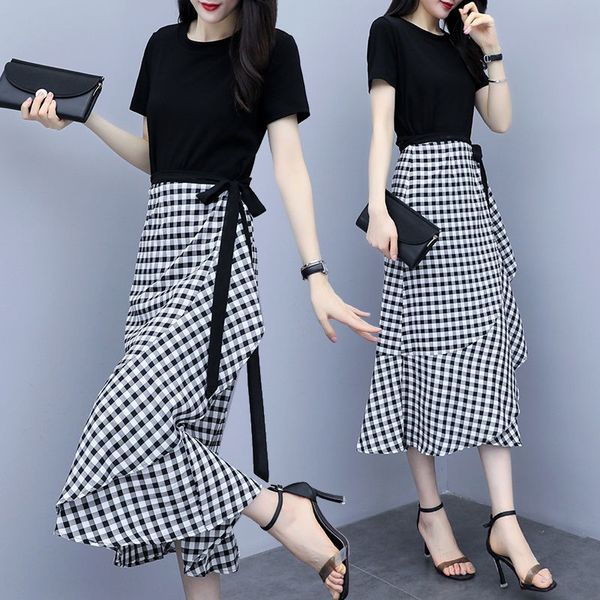 

summer 2020 new plaid cotton elegant mori women's waist slimming two-piece short suit skirt suit skirt, Gray