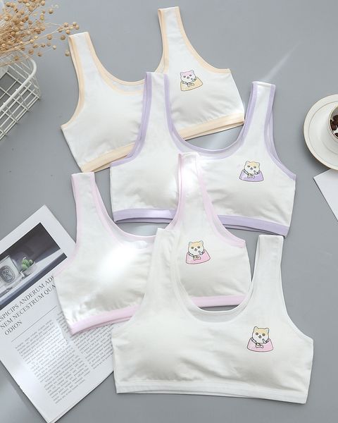 

3dul1 2020 new developmental girls' comfortable wide underwear shoulder vest shoulder strap anti-bump breast pad cotton student vest un, White