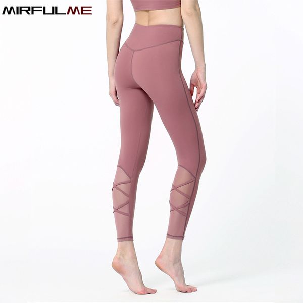 

yoga outfits women sport leggings high waist pant mesh patchwork cross bandage gym workout tummy control running fitness tights, White;red