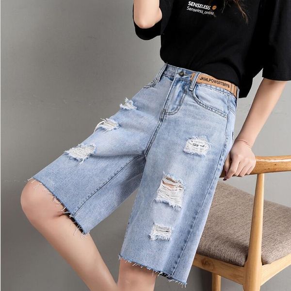 

h1yqa plus plus size denim mid-length pants women's slightly fat mm high waist hole five-point and shorts and jeans jeans large size st, Blue