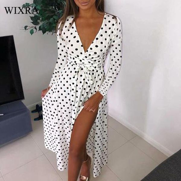 

wixra 2019 new summer women v-neck dot dress long dress with sashes long sleeve womens clothing, Black;gray