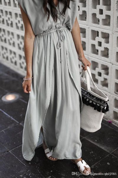 

оптовая цвет платья женщин лета ленты серый раскол v-образный вырез сплошной цвет юбки elegant lady сыпучие талия длинные повседневные плать, Black;gray