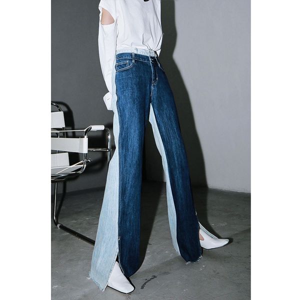 

2020 fashion summer autumn women high waist jeans double color contrasted patchwork full length hit color side split loose jeans, Blue