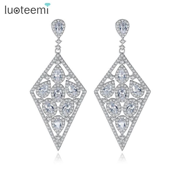 

luxurious silver color long dangle earrings for woman rhombus full cz micro paved female drop brincos wedding jewelry luoteemi