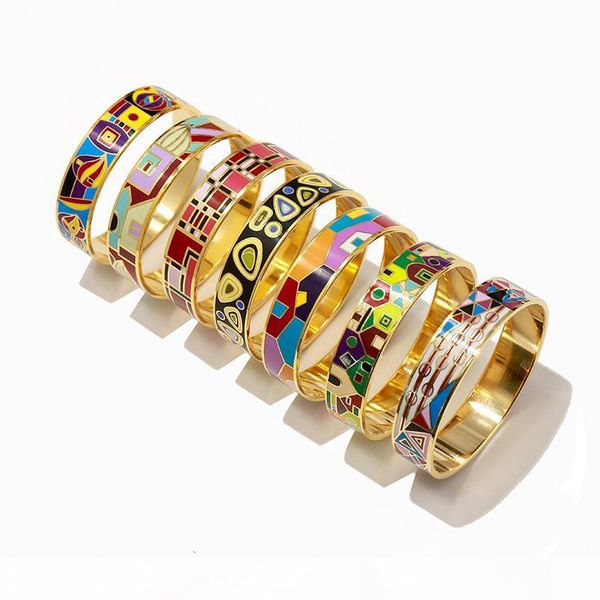 

fashion style gold bangle with coloured drawing design for women titanium steel enamel wide edition bangle drip oil bracelet fine jewelry, Black