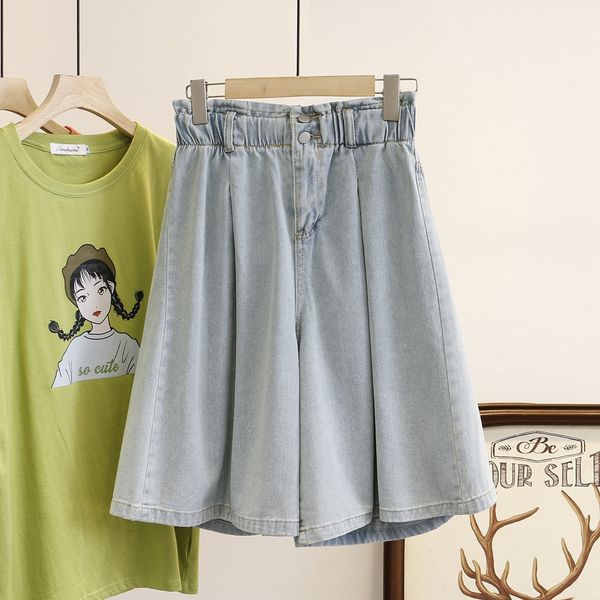 

plus plus size women's clothing 200kg fat mm korean style loose meat-covering wide leg cropped pants jeans and jeans skirt pants 7895, Blue