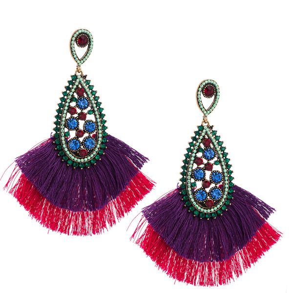 

fan alloy diamond rhinestone drop shape tassel earrings women's artistic earring bohemian national style, Golden