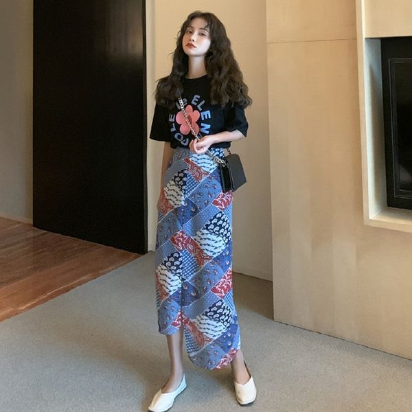 

skirts vintage plaid skirt women loose irregular chiffon long woman plus size, Black