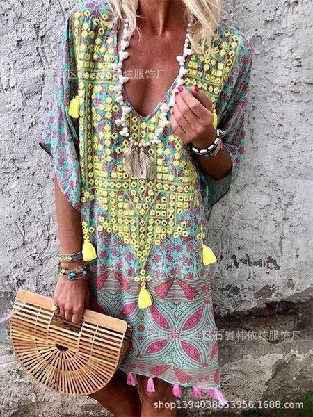 

2019 new bohemian style v-neck printed 2019 new bohemian dress style v-neck printed dress, Black;gray
