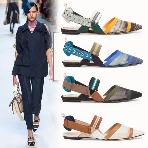 

mix color slip on women flats pointed toe brand design slingback mesh upper leather fairy shoes prints back strap summer shoes, Black