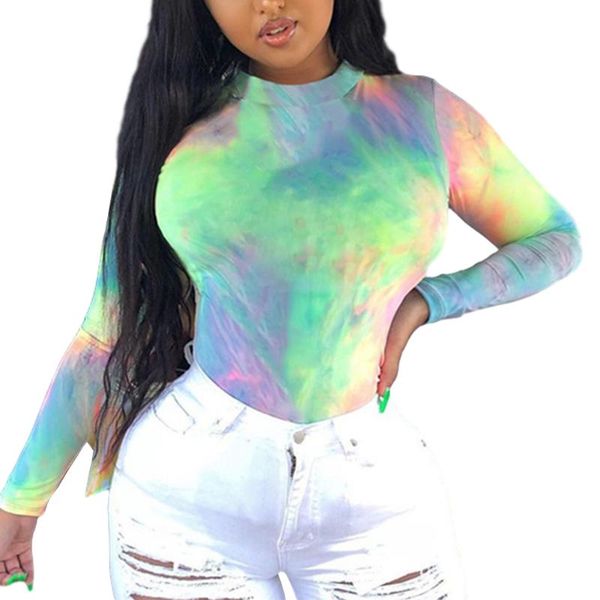 

fashion women's tie dye bodysuit turtle neck long sleeve color jumpsuit autumn spring outfits, Black;white