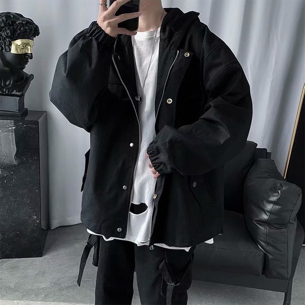 

ebaihui autumn 2021 hong kong style hooded solid color jackets coat for men korean version of loose multi-pocket cargo jacket casual coat 20, Black;brown