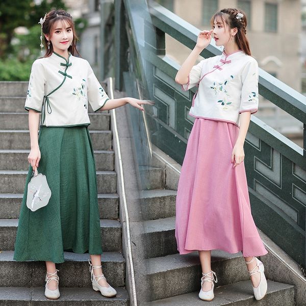 

ktwm2 2020 новый этнический стиль улучшилось cheongsam вышитые верхней одежды хлопок белье чай костюм из двух частей suspender юбки подвески, Gray