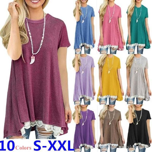 

women o-neck pullover short sleeve lace patchwork cotton long t-shirt 10colors summer ladies casual beach size s-2xl, White