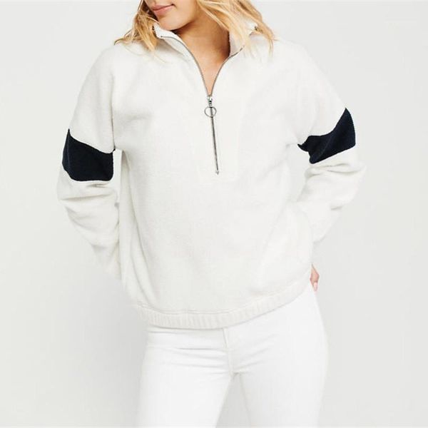 

lapel neck ladies sweatshirts fashion loose female clothing womens designer patchwork hoodies with zipper long sleeve fleece, Black