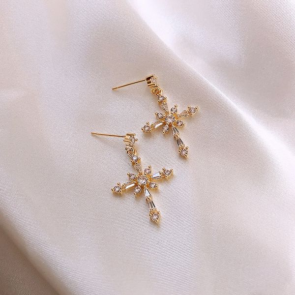 

hf jel exquisite cz cross dangle earrings for women gold statement drop earrings female korean jewelry accessories, Silver