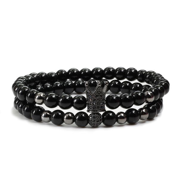 

2pcs/set natural stone bracelet charms crown beads couple distance bracelets bangles for women men fashion jewelry, Black