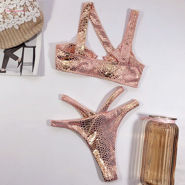 

2020 snake print shiny thong bikini female swimsuit women swimwear brazilian bikini set asymmetric bather bathing suit swim, White;black