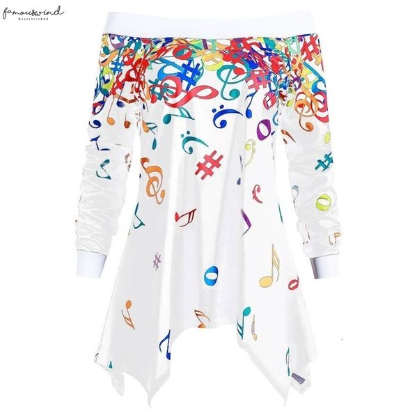 

fashion women long sleeve off shoulder shirts musical note pattern print shirt full sleeve slash neck floral blouse de mujer 2, White