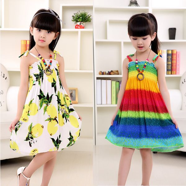 

girl's dresses summer beach flower princess sling dress for baby girl bohemian teen girls cloth sleeveless print, Red;yellow