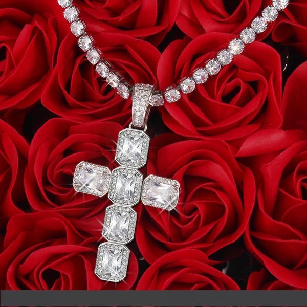 

mens women's gold silver color cz zircon iced hip hop cross pendant with 4mm 16 18 20 24 inches tennis chain choker necklace set